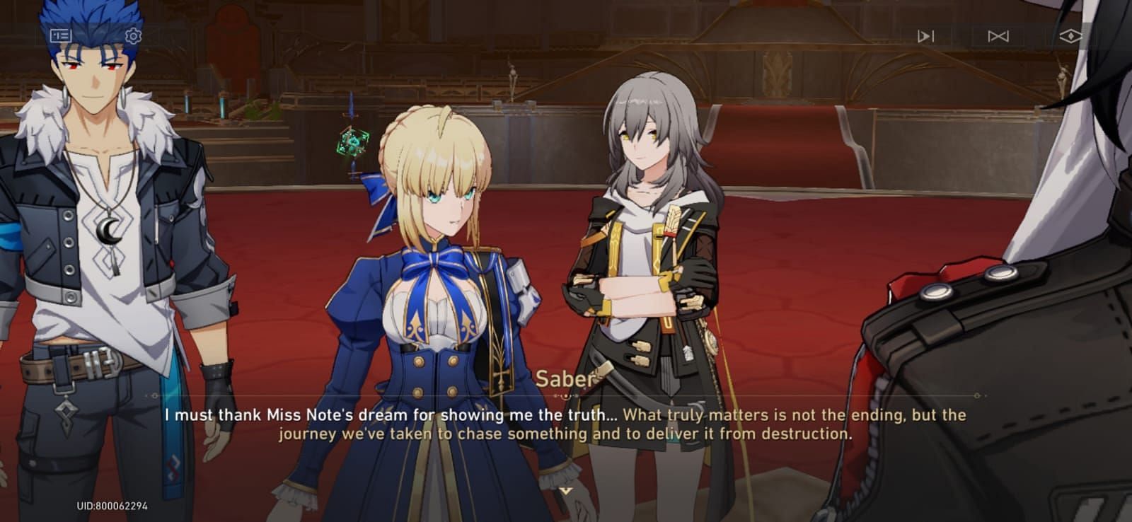Saber is also thanking Miss Note for making her realize her fate (Image via HoYoverse)